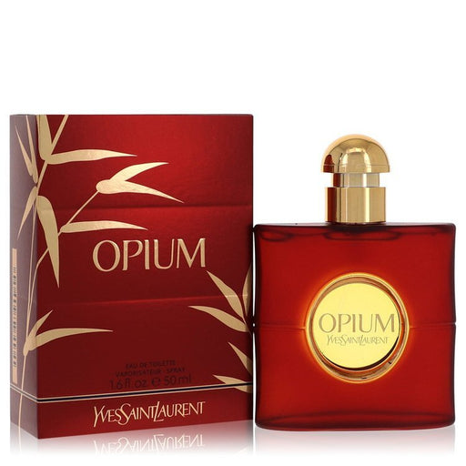 Yves Saint Laurent Opium Eau de Toilette spray for women, 1.6 oz, new packaging, elegant glass bottle with gold accents.