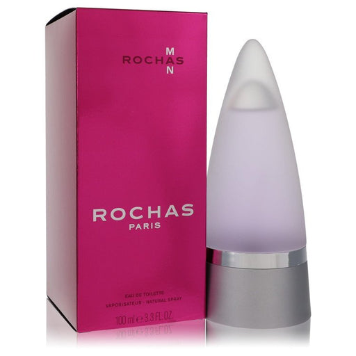 Rochas Man Eau De Toilette Spray 3.4 oz bottle with a sleek design, showcasing the brand's signature style.