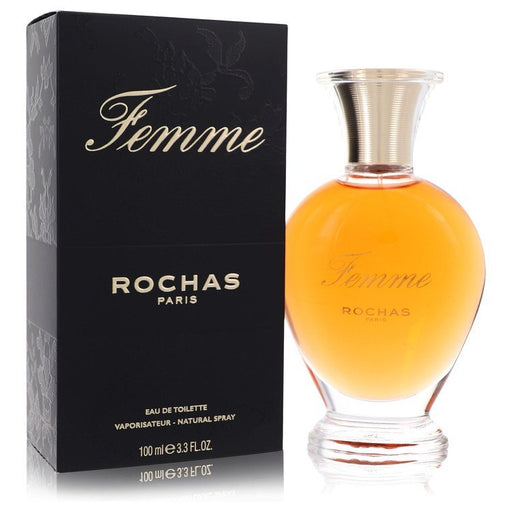 Femme Rochas Eau De Toilette Spray 3.4 oz bottle with elegant design and floral scent, perfect for women.