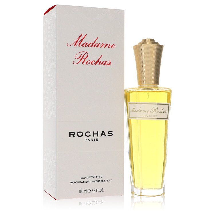Madame Rochas Eau De Toilette Spray 3.4 oz for women, featuring a classic bottle design with elegant floral accents.