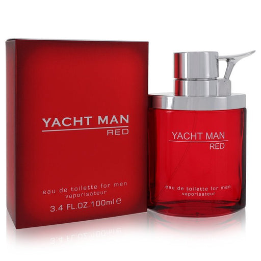 Myrurgia Yacht Man Red Eau De Toilette Spray 3.4 oz for men, showcasing a sleek red bottle against a neutral background.
