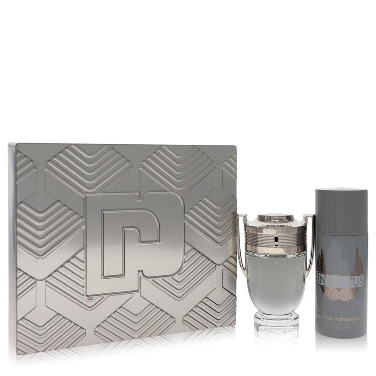 Invictus by Paco Rabanne gift set for men, featuring a sleek fragrance bottle and stylish packaging.