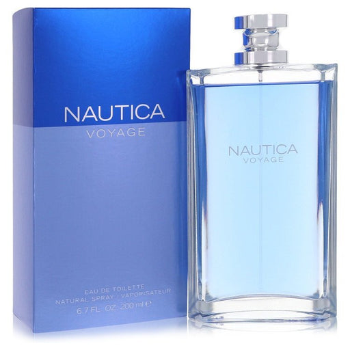Nautica Voyage Eau De Toilette Spray 6.7 oz for men, featuring a sleek bottle design with an ocean-inspired theme.