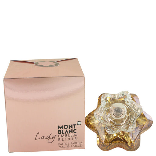 Lady Emblem Elixir by Mont Blanc Eau de Parfum spray for women, 2.5 oz bottle with elegant floral and fruity design.