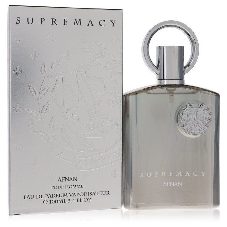 Afnan Supremacy Silver men's Eau De Parfum spray bottle, 3.4 oz, with sleek silver packaging and elegant design.