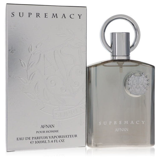 Afnan Supremacy Silver men's Eau De Parfum spray bottle, 3.4 oz, with sleek silver packaging and elegant design.