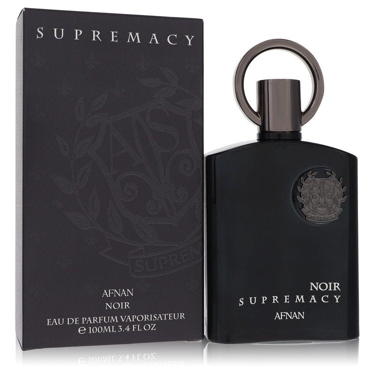 Afnan Supremacy Noir Eau De Parfum spray for men, 3.4 oz bottle, sleek black packaging with elegant design.