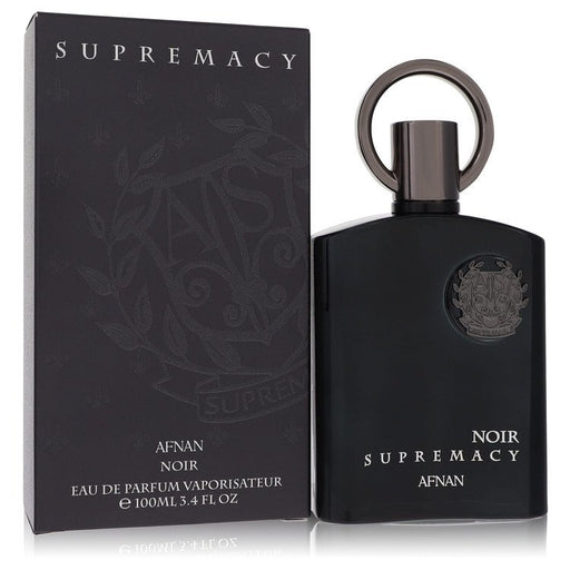 Afnan Supremacy Noir Eau De Parfum spray for men, 3.4 oz bottle, sleek black packaging with elegant design.