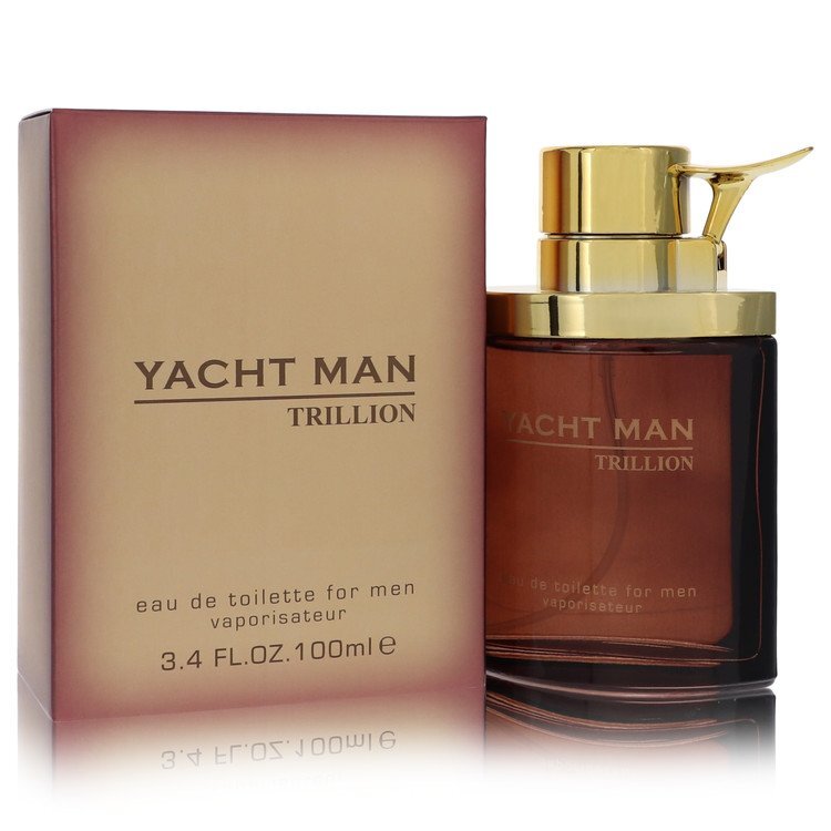 Yacht Man Trillion by Myrurgia Eau De Toilette Spray 3.4 oz bottle with a sleek design and nautical-themed packaging.