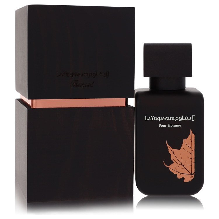 Rasasi LaYuqawam men's Eau De Parfum spray bottle, 2.5 oz, with elegant packaging and branding visible.
