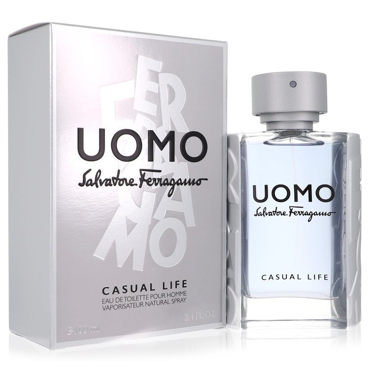 Salvatore Ferragamo Uomo Casual Life Eau De Toilette Spray 3.4 oz bottle with a sleek design and modern label.