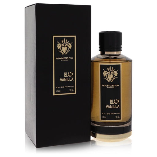 Black Vanilla by Mancera Eau De Parfum spray, 4 oz, featuring a sleek black bottle with elegant fragrance branding.