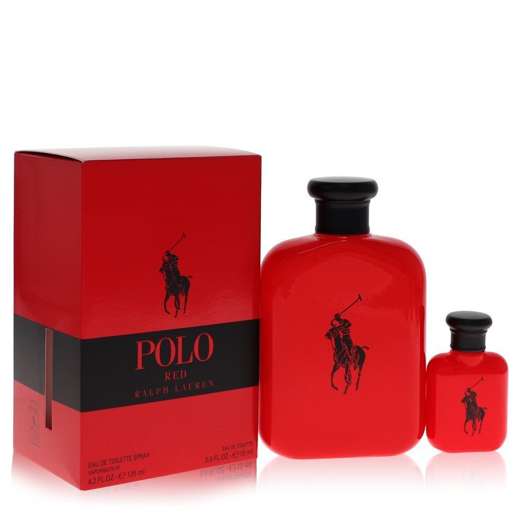 Polo Red by Ralph Lauren gift set for men, featuring a stylish box with fragrance and grooming products.