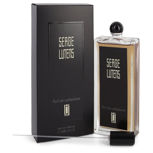 Nuit De Cellophane Eau De Parfum Spray by Serge Lutens in a 3.3 oz bottle, featuring elegant packaging and a floral scent.