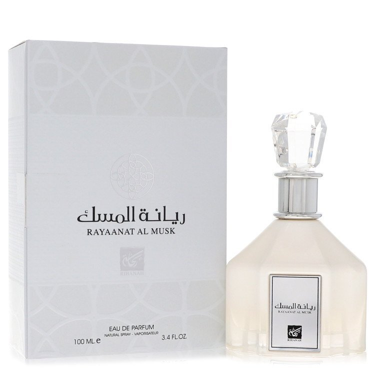 Rihanah Rayaanat Al Musk Eau De Parfum Spray 3.4 oz bottle with elegant design, suitable for both women and men.