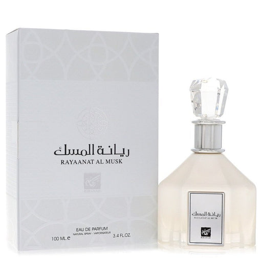 Rihanah Rayaanat Al Musk Eau De Parfum Spray 3.4 oz bottle with elegant design, suitable for both women and men.