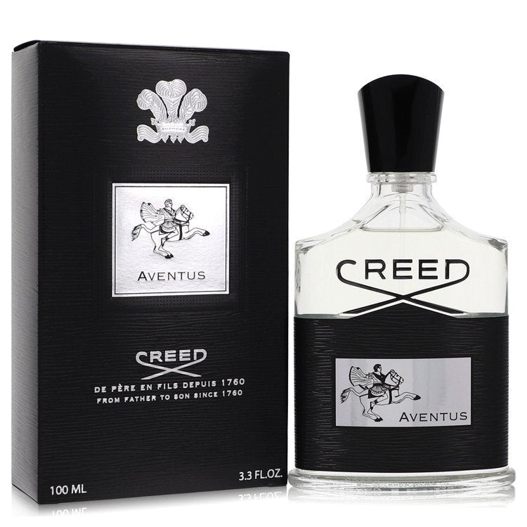 Aventus by Creed men's Eau De Parfum spray bottle, 3.3 oz, with sleek packaging and elegant design.