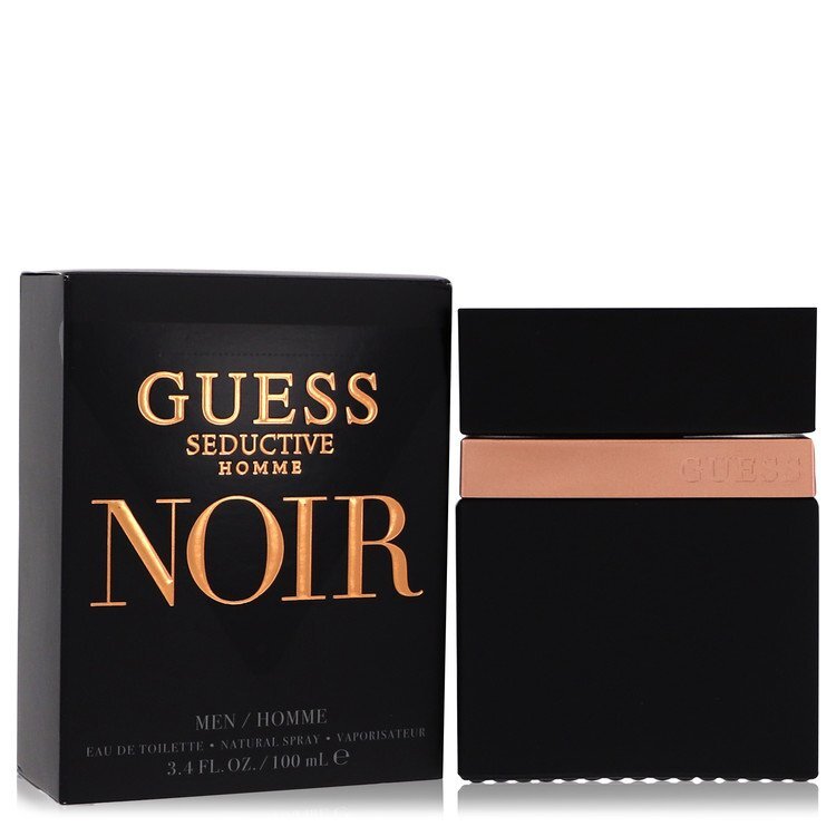 Guess Seductive Homme Noir Eau De Toilette spray for men, 3.4 oz, featuring dark bottle design and sleek branding.