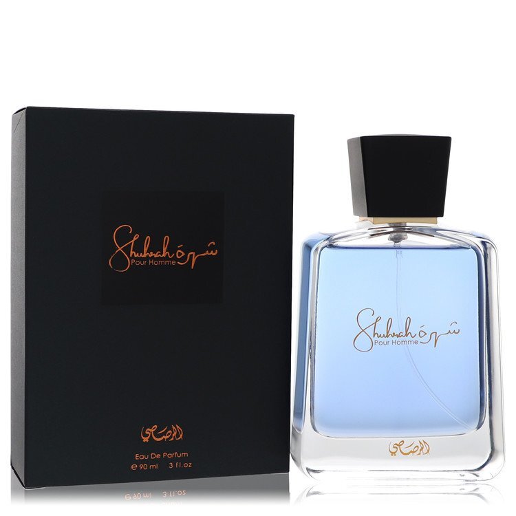 Rasasi Shuhrah Eau De Parfum spray for men, 3 oz bottle, featuring sleek design and signature fragrance.