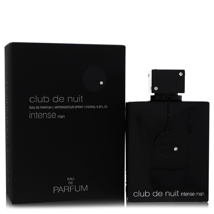 Armaf Club De Nuit Intense men's Eau De Parfum spray, 6.8 oz bottle, featuring dark packaging and a sleek design.