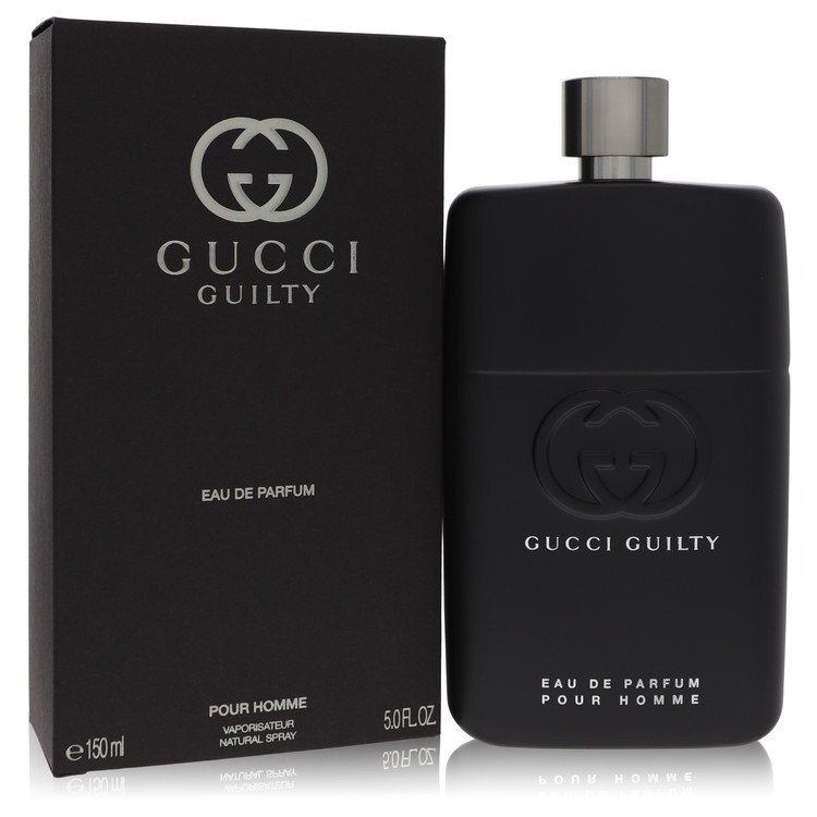 Guilty by Gucci men's Eau de Parfum spray bottle, 5 oz, with sleek black and gold design, showcasing the fragrance packaging.