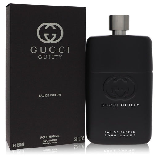 Guilty by Gucci men's Eau de Parfum spray bottle, 5 oz, with sleek black and gold design, showcasing the fragrance packaging.