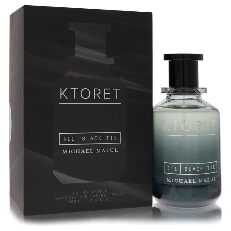 Michael Malul Ktoret 511 Black Tie men's Eau De Parfum spray, 3.4 oz, featuring a sleek black cap and elegant bottle design.