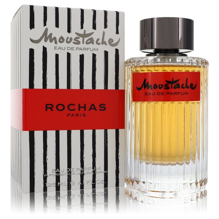 Moustache by Rochas Eau De Parfum Spray bottle with black and gold design, 4.1 oz for men on a neutral background.