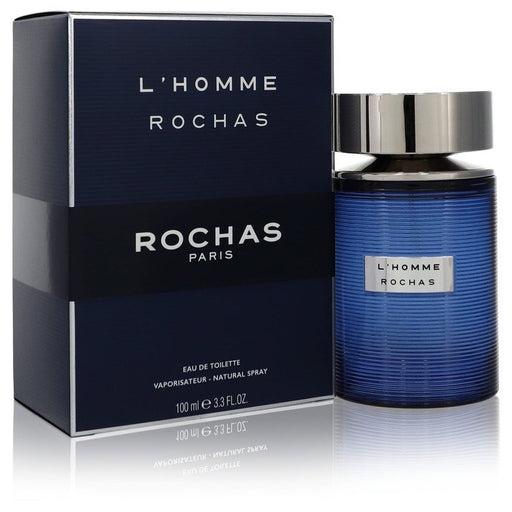 L'homme Rochas Eau De Toilette Spray 3.3 oz bottle with a sleek design, perfect for men's fragrance collection.