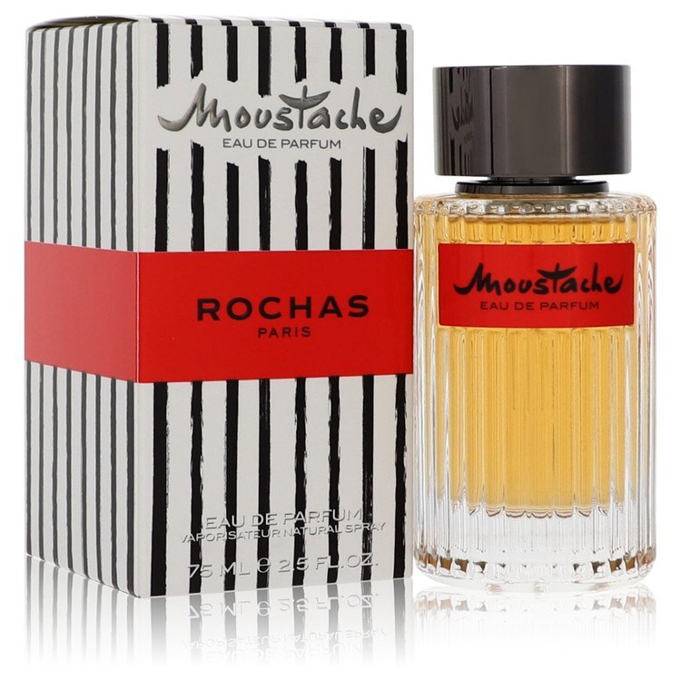 Moustache by Rochas Eau De Parfum Spray 2.5 oz bottle for men, showcasing a sleek design with a black cap and elegant label.