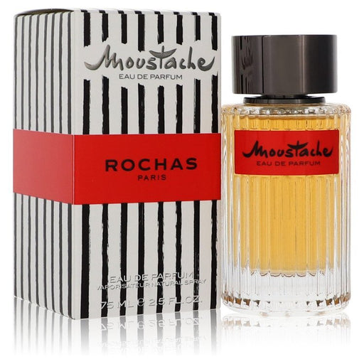 Moustache by Rochas Eau De Parfum Spray 2.5 oz bottle for men, showcasing a sleek design with a black cap and elegant label.