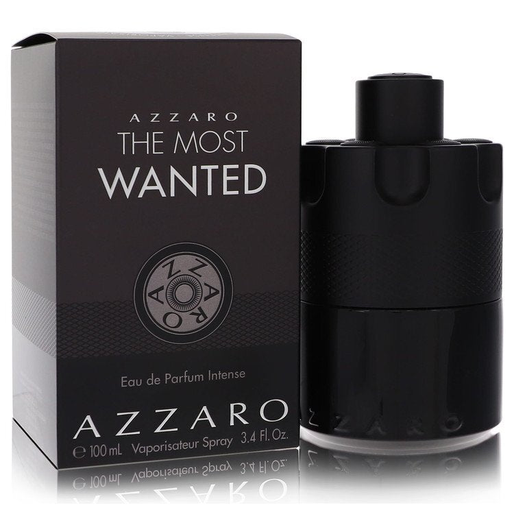Azzaro The Most Wanted Eau De Parfum Intense spray for men in 3.4 oz bottle, featuring sleek black and gold packaging.