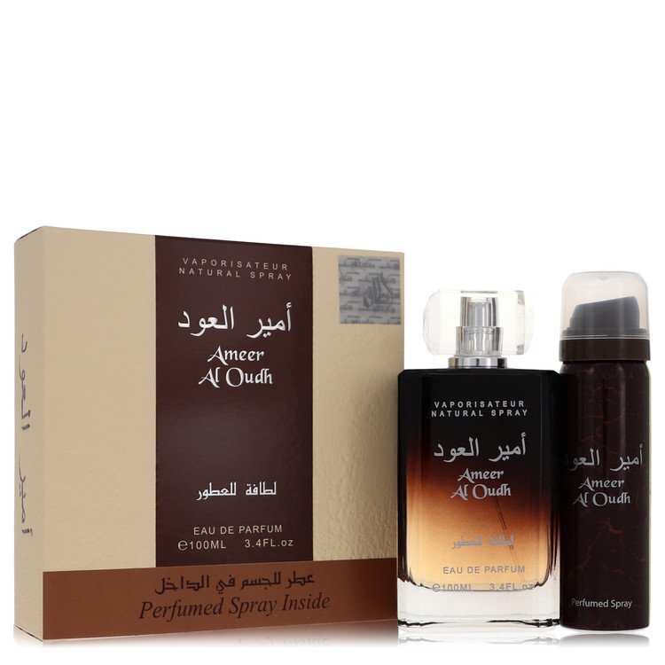 Lattafa Ameer Al Oudh gift set for men, featuring elegant packaging and fragrance bottles.