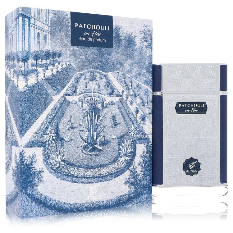 Afnan Patchouli On Fire Eau De Parfum spray bottle, 2.7 oz, for men and women, with a sleek design and patchouli scent.