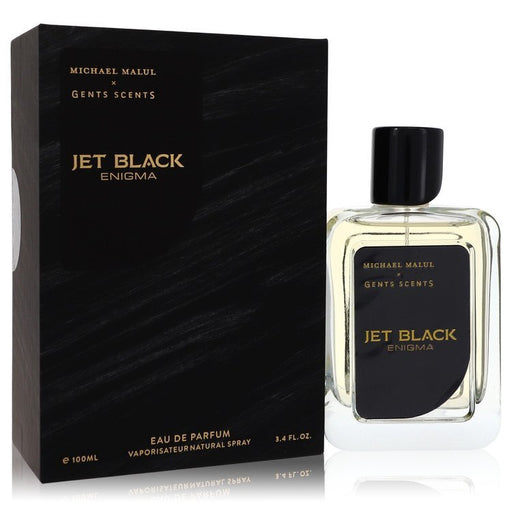 Jet Black Enigma by Michael Malul Eau De Parfum Spray bottle with dark, sleek design, 3.4 oz for men.