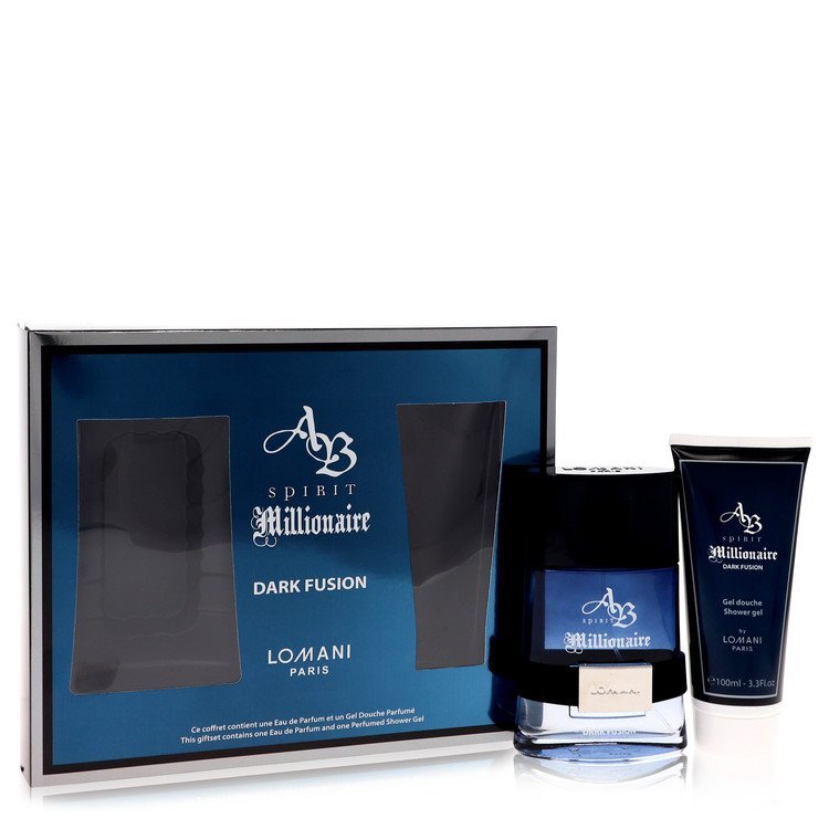Lomani Spirit Millionaire Dark Fusion gift set for men featuring a sleek bottle and elegant packaging.