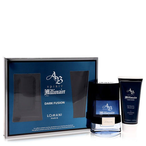 Lomani Spirit Millionaire Dark Fusion gift set for men featuring a sleek bottle and elegant packaging.