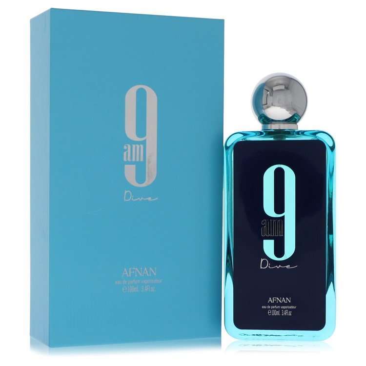 Afnan 9am Dive Eau De Parfum spray for men and women, 3.4 oz bottle, featuring a sleek fragrance design.