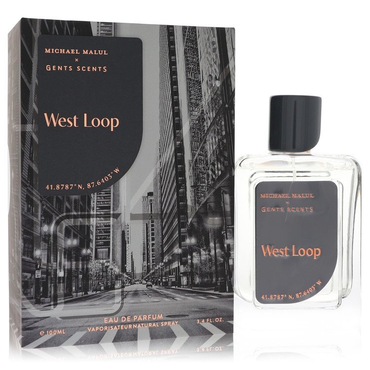 Michael Malul West Loop Eau De Parfum Spray 3.4 oz for men, featuring a sleek bottle design and elegant packaging.