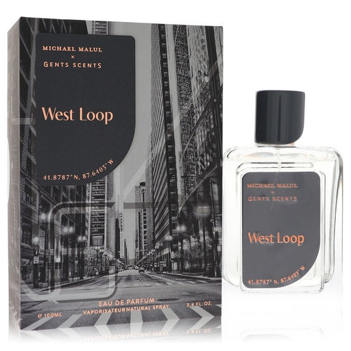 Michael Malul West Loop Eau De Parfum Spray 3.4 oz for men, featuring a sleek bottle design and elegant packaging.
