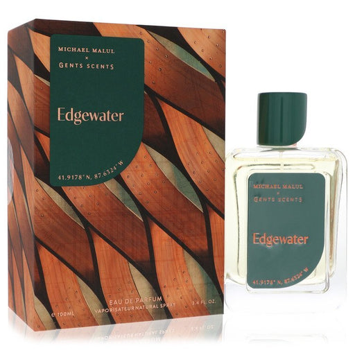 Michael Malul Edgewater Eau De Parfum spray for men, 3.4 oz, featuring a sleek bottle design and fresh, aquatic scent.