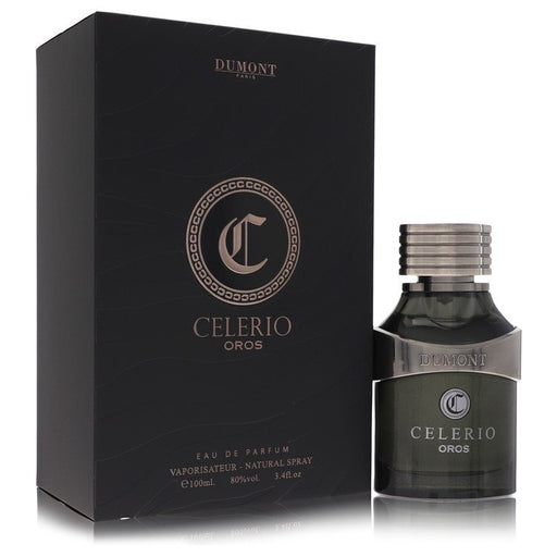 Dumont Paris Celerio Oros Eau de Parfum spray for men and women, 3.4 oz bottle, elegant fragrance packaging.