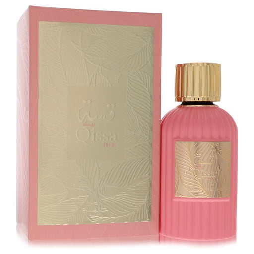Qissa Pink Paris Corner Eau De Parfum spray for women, 3.4 oz bottle with pink accents, elegant floral fragrance.