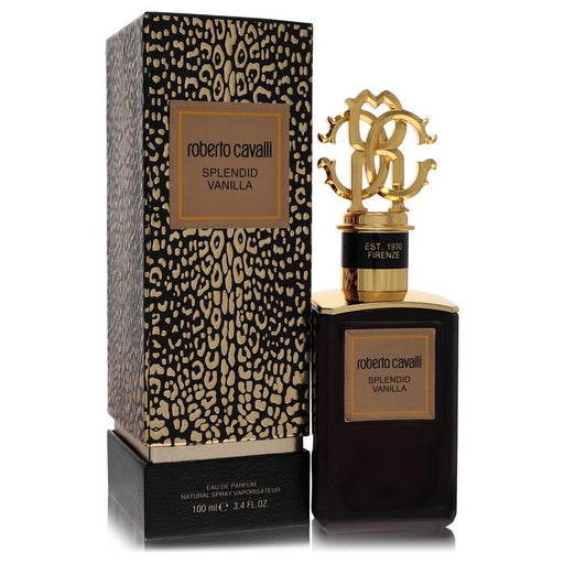 Roberto Cavalli Splendid Vanilla Eau De Parfum Spray 3.4 oz bottle with elegant design and floral fragrance notes.