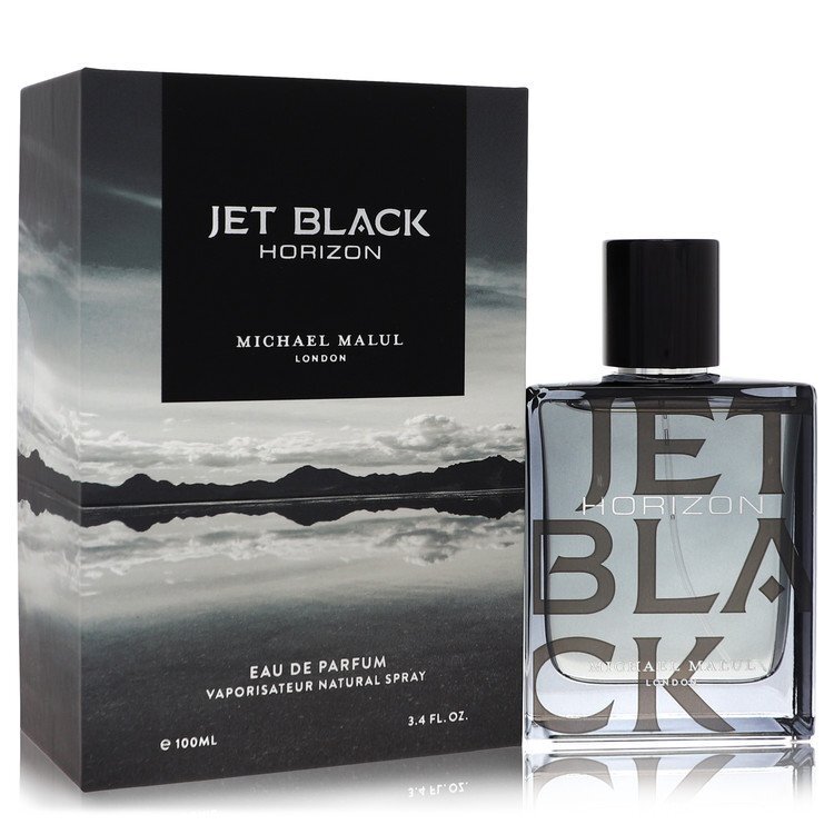 Jet Black Horizon Eau De Parfum Spray by Michael Malul in a sleek 3.4 oz bottle, showcasing a modern design.