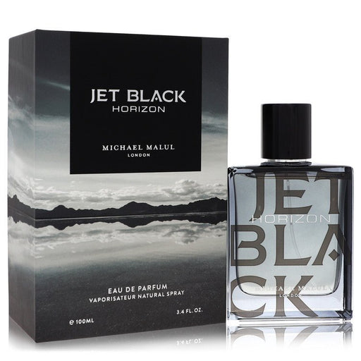 Jet Black Horizon Eau De Parfum Spray by Michael Malul in a sleek 3.4 oz bottle, showcasing a modern design.