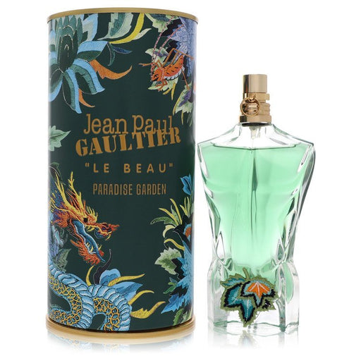 Jean Paul Gaultier Le Beau Paradise Garden eau de parfum spray for men, 2.5 oz bottle with vibrant floral and fruity design.