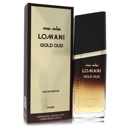 Lomani Gold Oud Eau De Parfum spray for men, 3.3 oz bottle, featuring a luxurious gold-colored perfume bottle.
