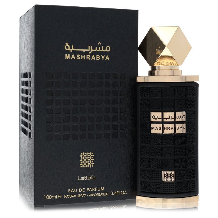 Lattafa Mashrabya Eau De Parfum spray 3.4 oz for women and men, featuring a decorative bottle design and elegant fragrance.