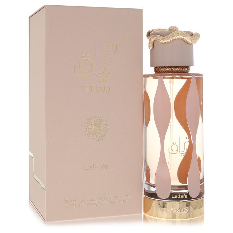 Lattafa Teriaq Eau De Parfum spray 3.4 oz for women and men, featuring elegant glass bottle with stylish design